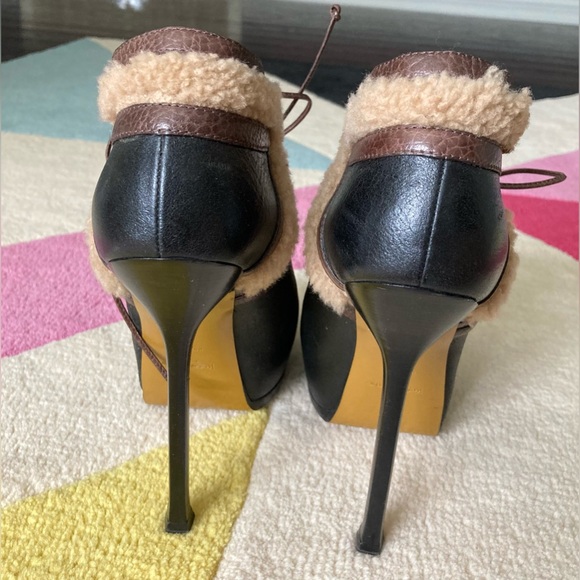 Yves Saint Laurent YSL Black Brown Shearling Trim Tribute Heel Bootie Ankle 37 - Picture 5 of 10